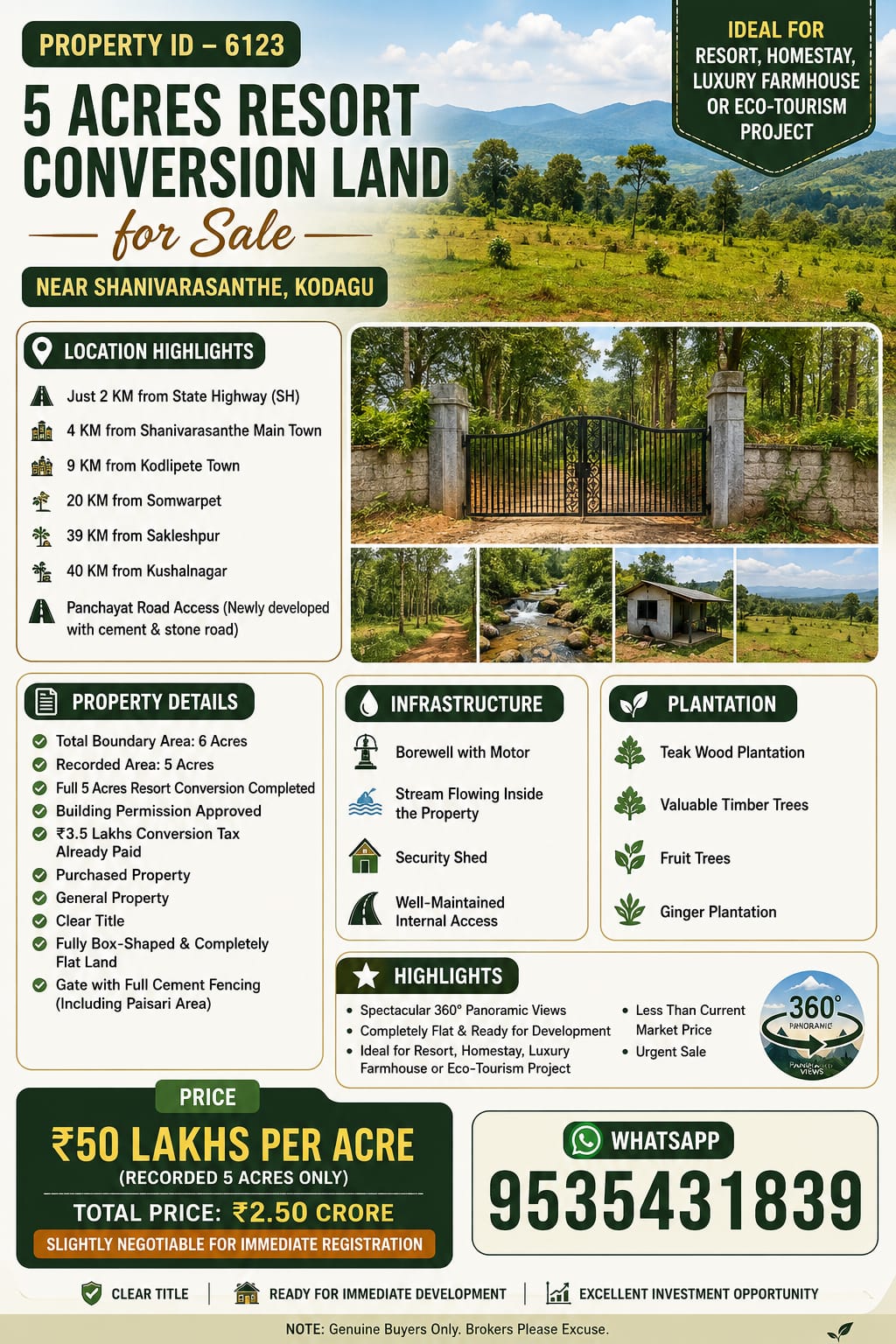 🆔 *PROPERTY ID – 6123* 🌿 *5 Acres Resort Conversion Land for Sale – Near Shanivarasanthe, Kodagu*